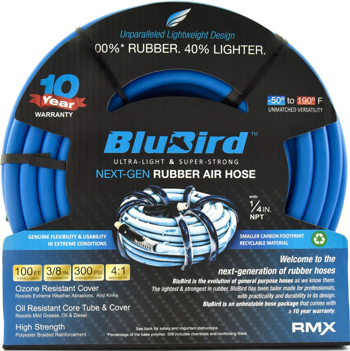 Blubird BLBB38100 3/8 英寸 x 100 英尺橡胶空气软管组件