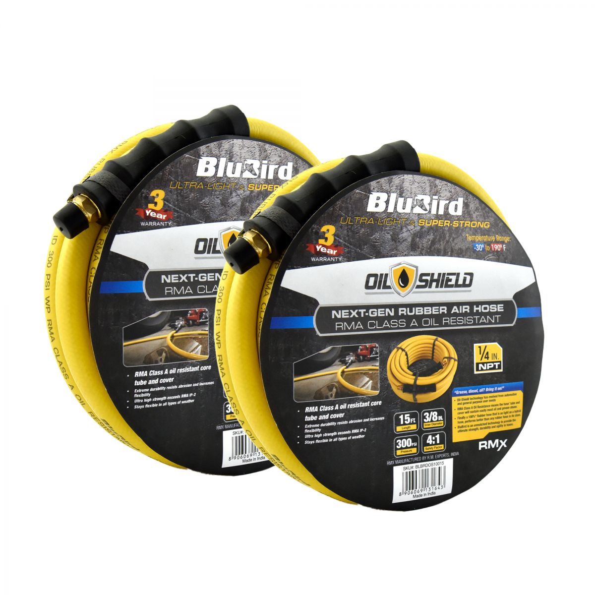 Blubird OS3815-2PK OilShield 3/8 英寸 x 15 英尺橡胶空气软管组件(2 件套)