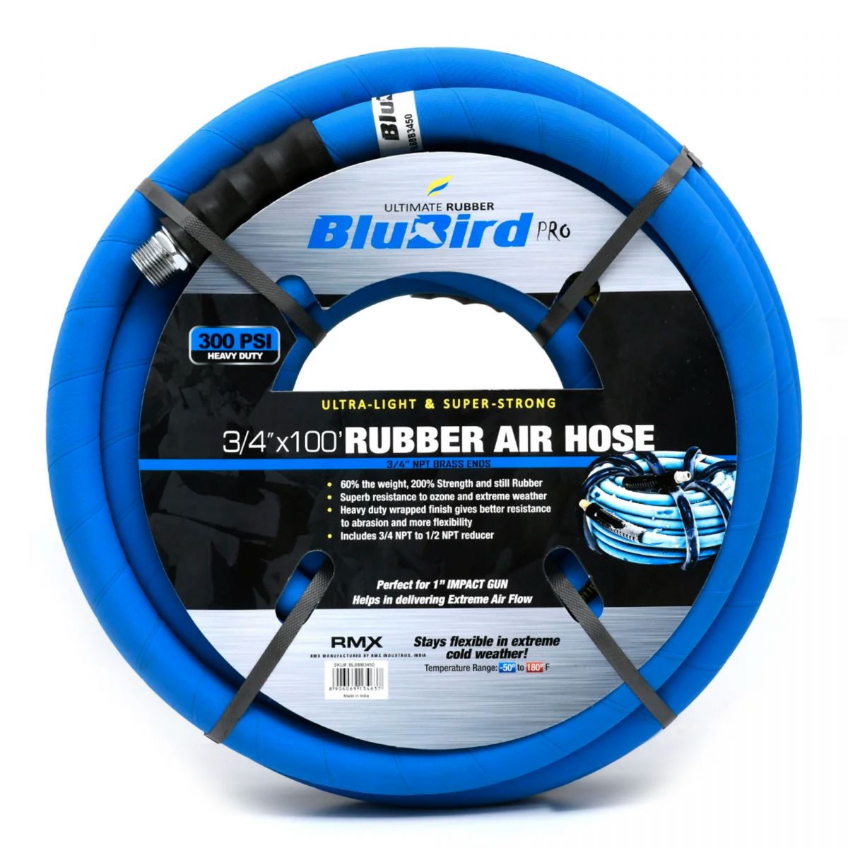 Blubird BBPRO34100 3/4 英寸 x 100 英尺专业橡胶空气软管组件