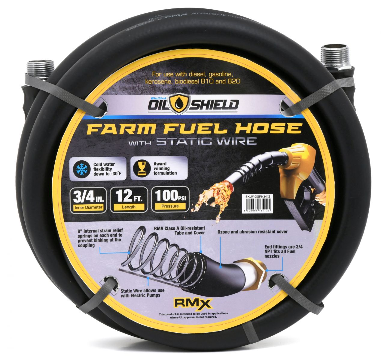 Blubird OilShield OSFH3412 3/4 英寸 x12 英尺防静电农用燃油输送软管