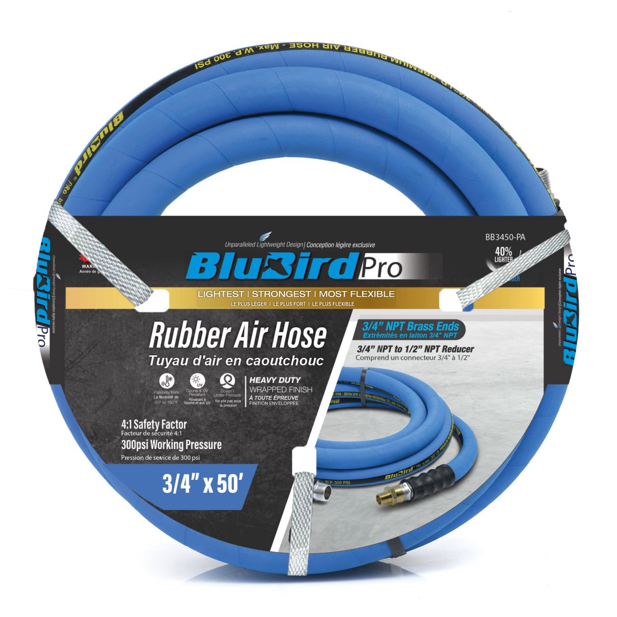 Blubird BBPRO3450 3/4 英寸 x 50 英尺专业橡胶气管组件