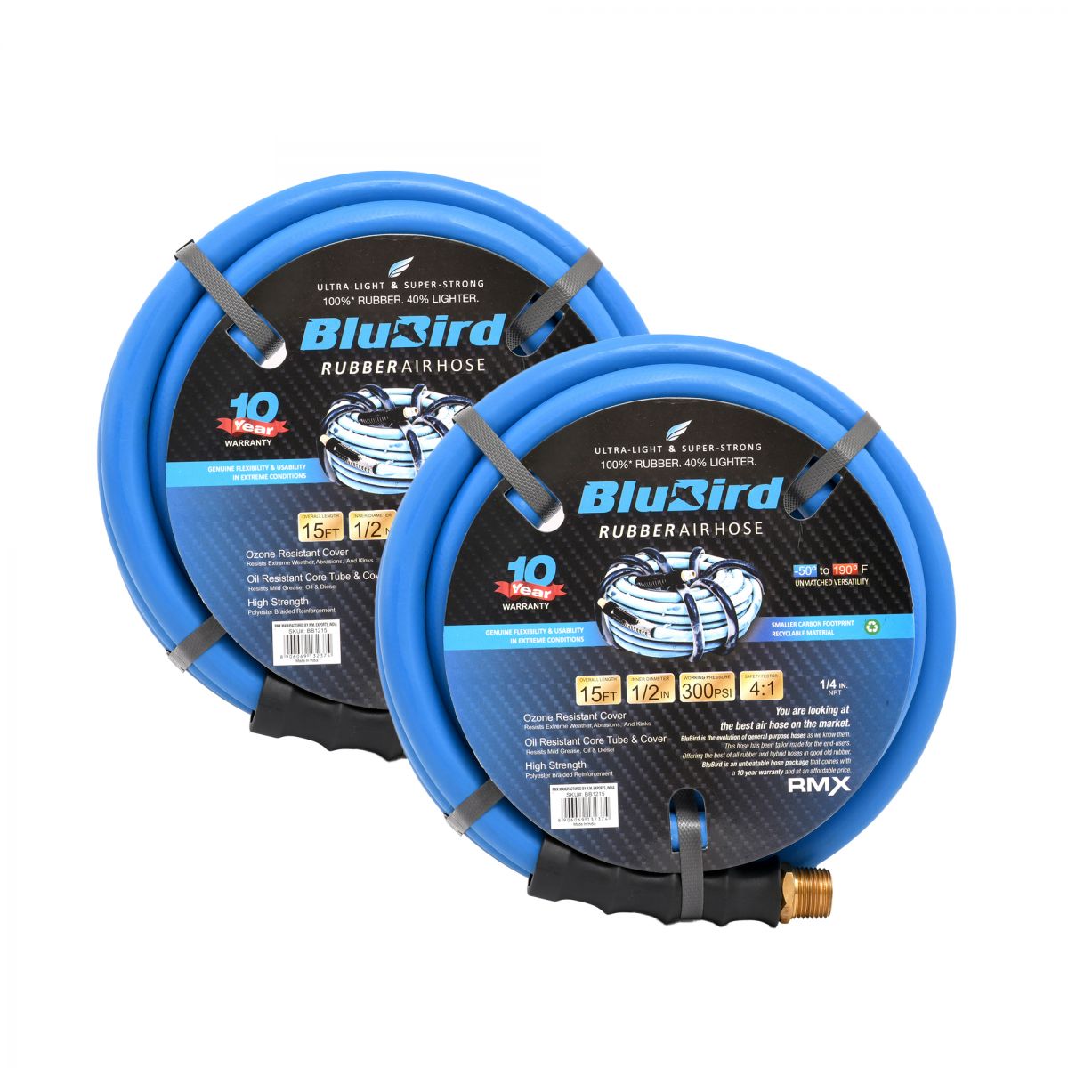 Blubird BB1215-2PK 1/2 英寸 x 15 英尺橡胶空气软管组件（2 件套）