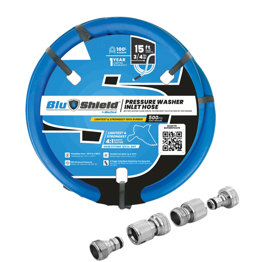 Blubird BS3415-QC 3/4 英寸 x 15 英尺 Blu Shield 高压清洗机进水管带 4 件套快接套件