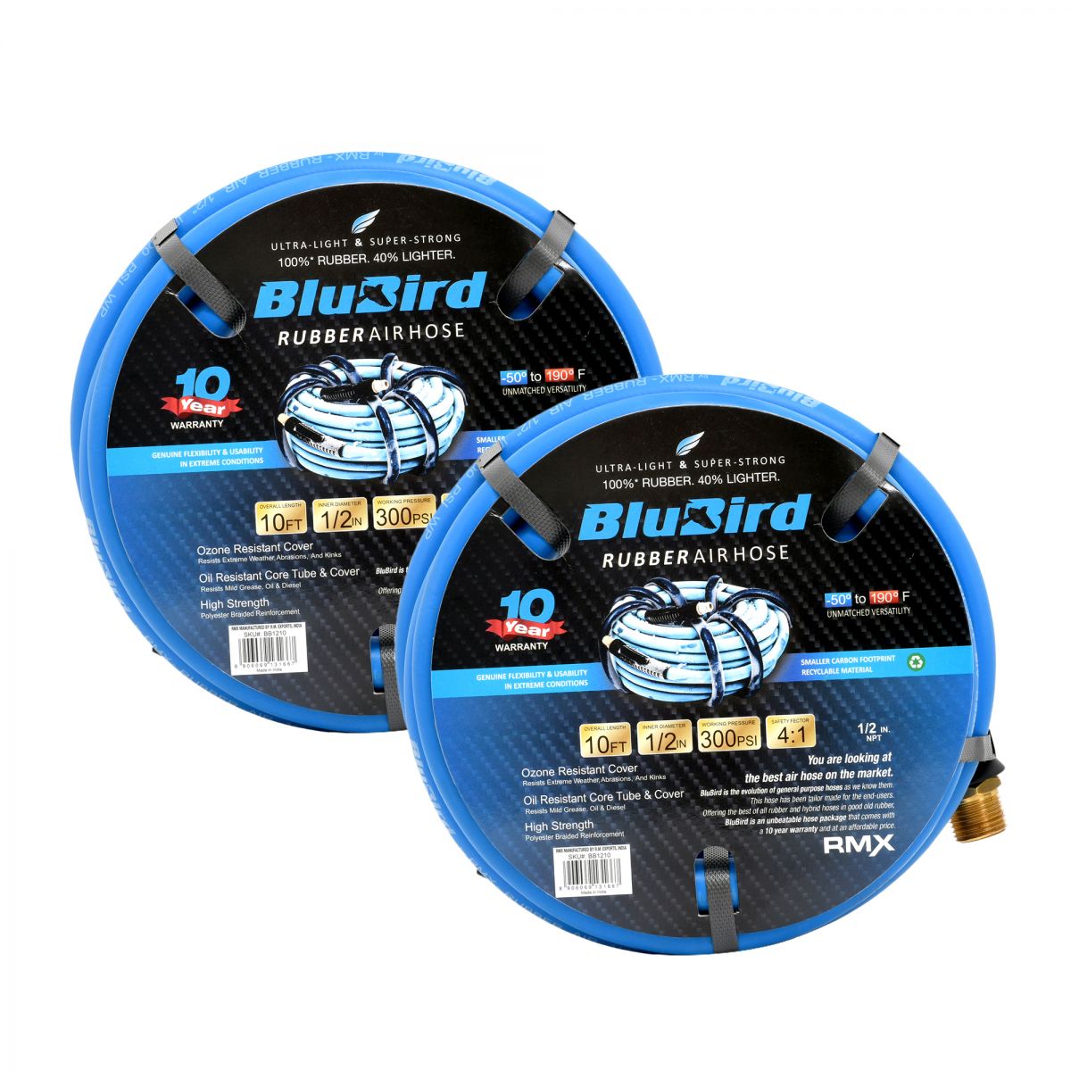 Blubird BB1210-2PK 1/2 英寸 x 10 英尺橡胶空气软管组件（2 件装）