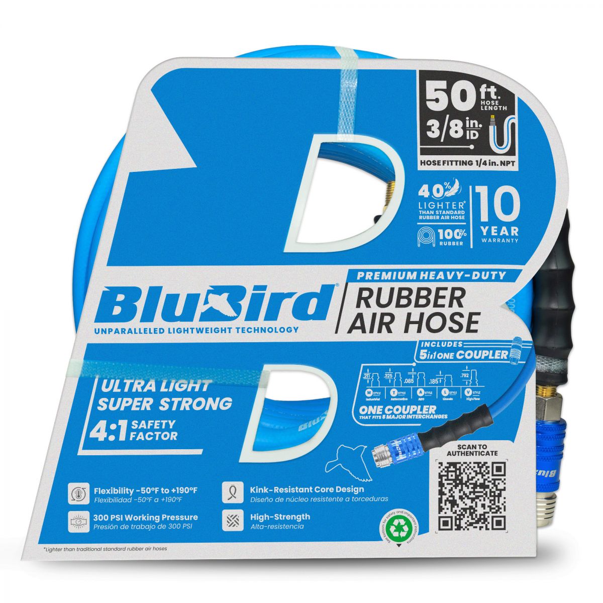 Blubird BB3850-5CP 3/8 英寸 x 50 英尺橡胶气管组件(带 5 合 1 通用接头)