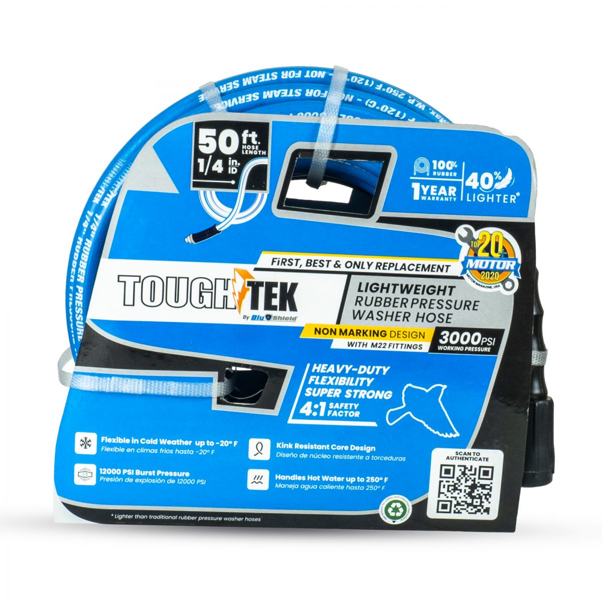 Blubird TTPW1450-NM Blu Shield Tough Tek 1/4" x 50' 橡胶高压清洗机软管(M22 接头/**)