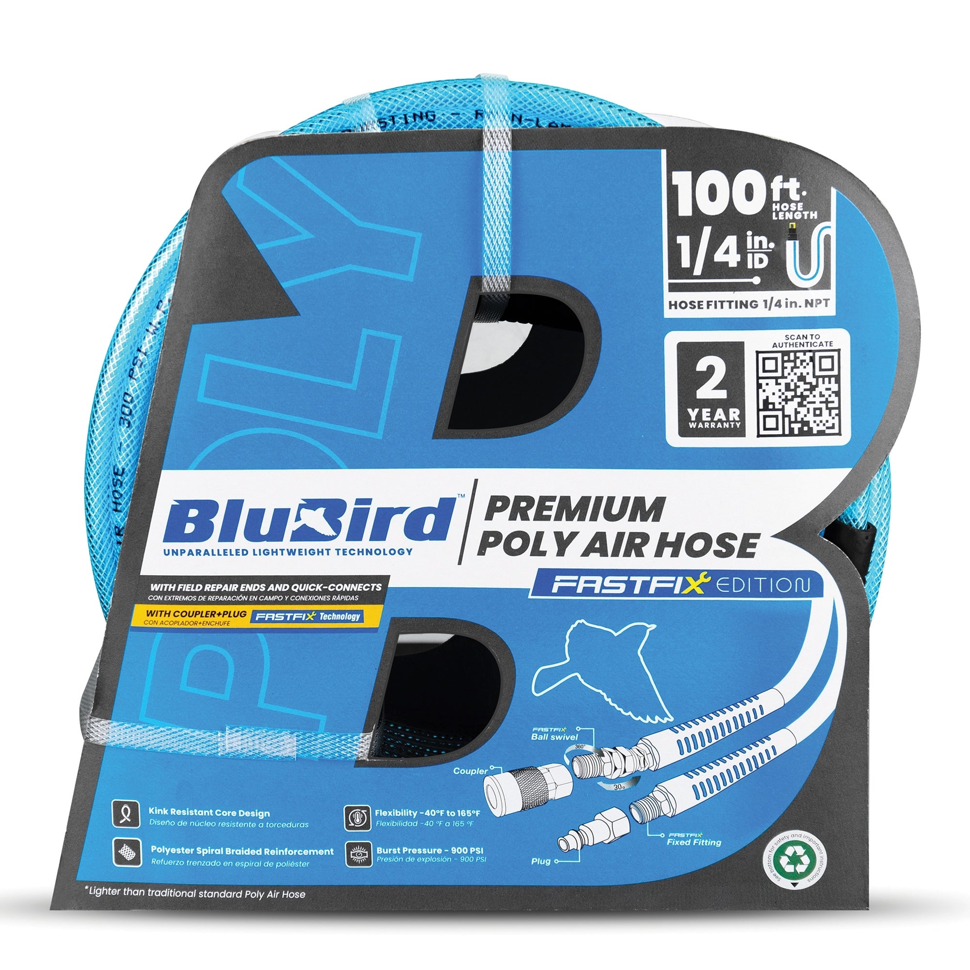 Blubird BBPU14100 1/4 英寸 x 100 英尺聚氨酯气动软管组件